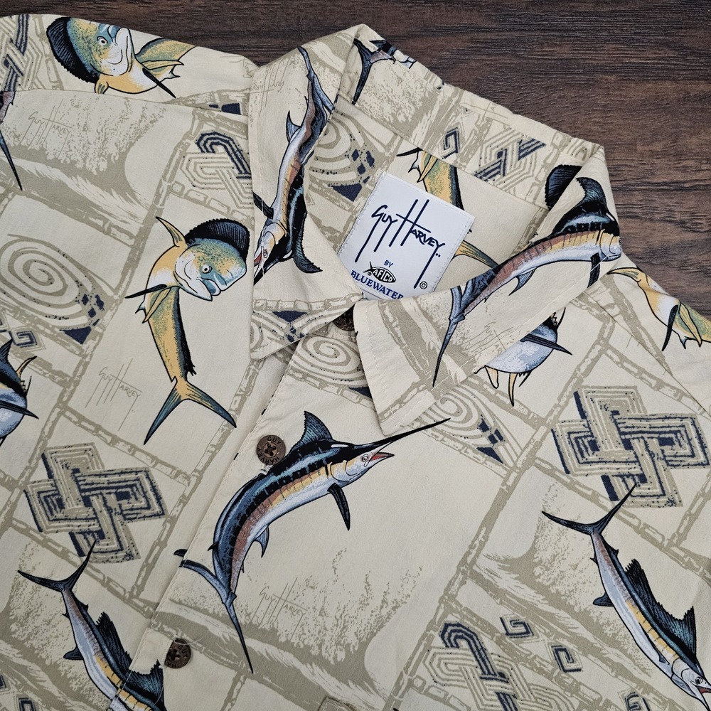 Guy Harvey AFTCO Mens Large‎ Button Down Pocket Shirt Swordfish Print All Over